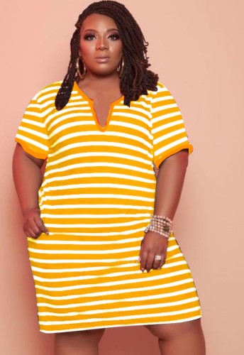 Plus Size V Neck Yellow Striped T-Shirt Dress