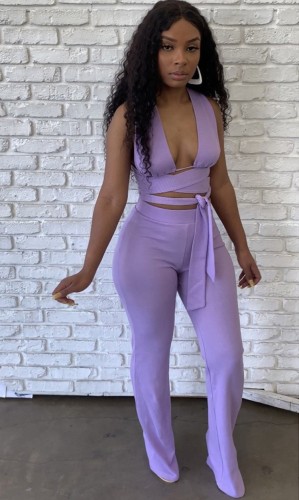 Purple Sexy Multiway Crop Top and Pants 2pcs Set