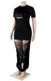 Plus Size Black Sexy Ripped Bodycon Maxi Dress
