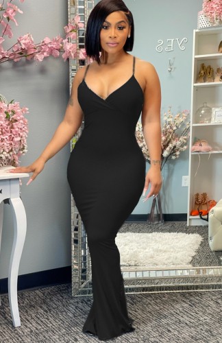 Sexy Black Cami Slit Back Maxi Dress
