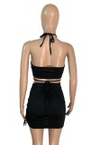 Sexy Black Halter Crop Top and Drawstings Mini Skirt Set