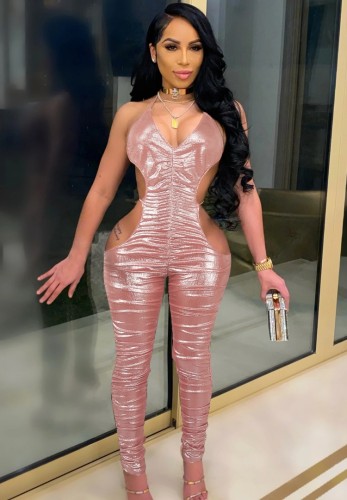 Sexy Cut Out Pink Shiny Halter Ruched Jumpsuit