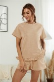 Khaki Short Sleeve Tee and Frilled Shorts Two Pieces