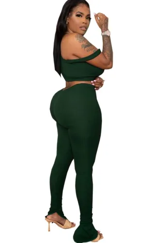 Green Sexy Asymmetric Crop Top and Pants Bodycon 2pcs Set