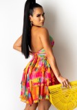 Cut Out Halter Colorful Print Skater Dress