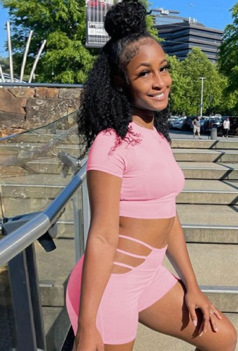 Pink  Sexy Crop Tee and Cut Out Shorts Two Pieces