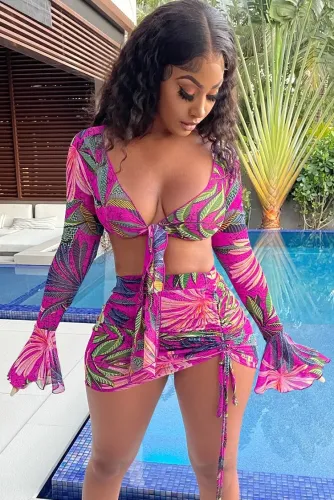 Print Pink Long Sleeve Tied Crop Top and Mini Skirt Set