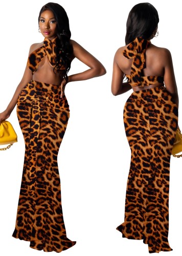 Leopard Print Halter Wrap Crop Top and Maxi Skirt 2PCS Set