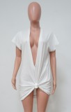White Sexy Plunge Neck Beach Dress Cover-Up