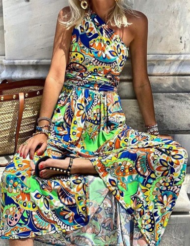 One Shoulder Print Colorful Boho Maxi Dress