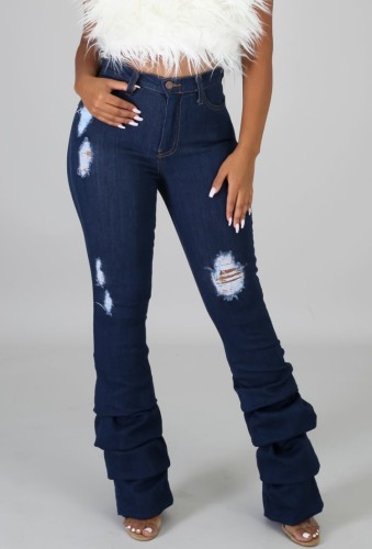 Stylish Blue Ripped Stack Jeans
