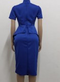 Blue Short Sleeve Bow Tie Neck Peplum Dress