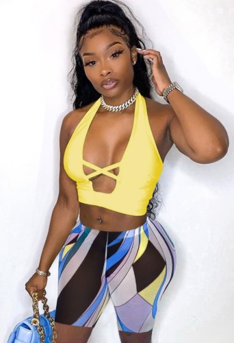 Sexy Yellow Halter Crop Top and Print Shorts Two Piece Outfits