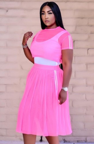 Pink 3PCS Mesh Crop Top and Skirt with Bodysuit