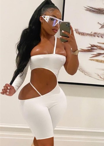 White Sexy One Shoulder Cutout Bodycon Rompers