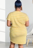 Plus Size Yellow Stripes Drawstrings T-shirt Dress