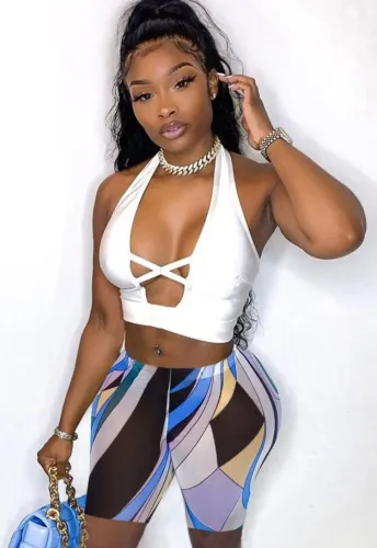 Sexy White Halter Crop Top and Print Shorts Two Piece Outfits
