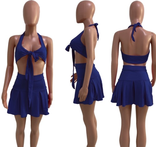 Blue Sexy Tie Front Halter Bra and Pleated Skirt Set