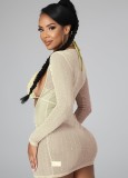 Beige Sexy Set Through Mesh Rhinestone Cut Out Dress 3PCS