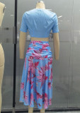 Blue Solid Crop Top and Floral Blue Slit Long Skirt Set