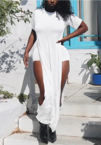 White Long Slit Top and Shorts Casual Two Piece Set
