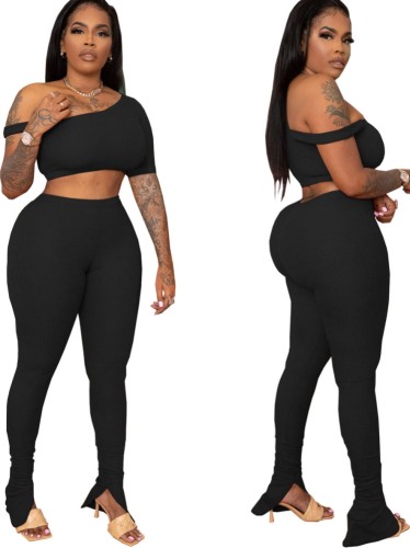 Black Sexy Asymmetric Crop Top and Pants Bodycon 2pcs Set