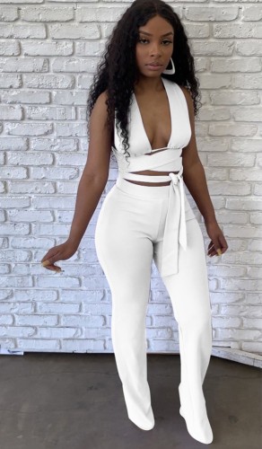 White Sexy Multiway Crop Top and Pants 2pcs Set