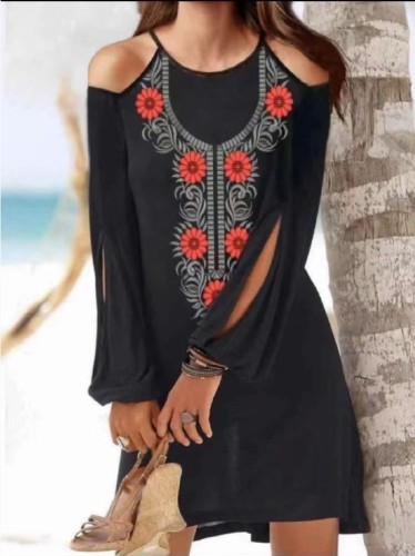 Print Black Floral Cold Shoulder Slit Sleeves Casual Dress