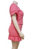 Plus Size Ruffles Pink Beaded Top and Mini Skirt Set