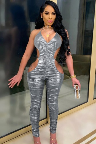 Sexy Cut Out Gray Shiny Halter Ruched Jumpsuit