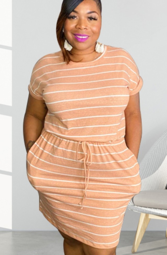Plus Size Orange Stripes Drawstrings T-shirt Dress