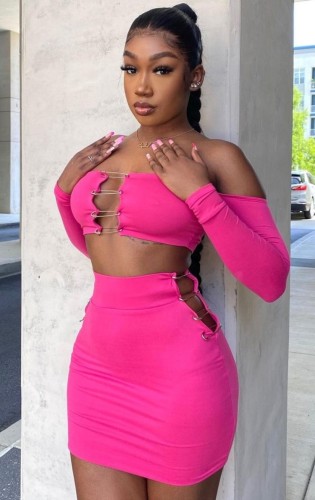 Hot Pink Sexy Off Shoulder Crop Top and Mini Skirt Set