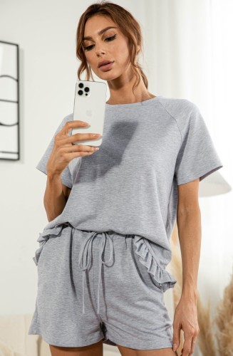 Grey Short Sleeve Tee and Frilled Shorts Two Pieces