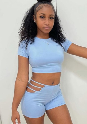 Blue  Sexy Crop Tee and Cut Out Shorts Two Pieces