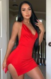 Red Sexy Backless Halter Cowl Neck Mini Dress