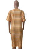 Plus Size V Neck Yellow Striped T-Shirt Dress