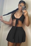 Black Sexy Tie Front Halter Bra and Pleated Skirt Set