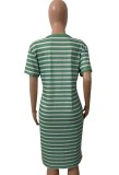 Plus Size V Neck Green Striped T-Shirt Dress