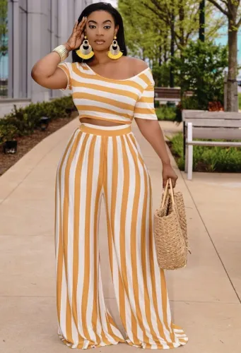 Striped Short Sleeve Crop Top and Wide Leg Pants 2PCS Set