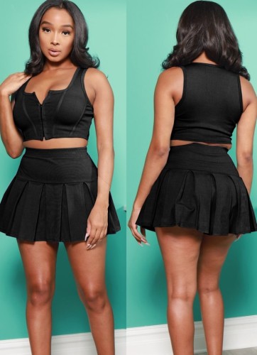 Black Zipper Crop Top and Pleated Skirt Set