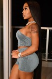 Grey Velvet Sexy Strapless Crop Top and Shorts Two Pieces