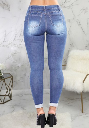 Trendy Fitted Light Blue Ripped Jeans
