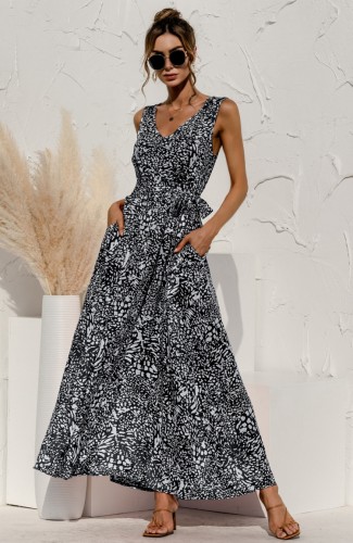 Print Black Sleeveless V-Back Maxi Dress