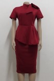 Burgundy Short Sleeve Bow Tie Neck Peplum Dress