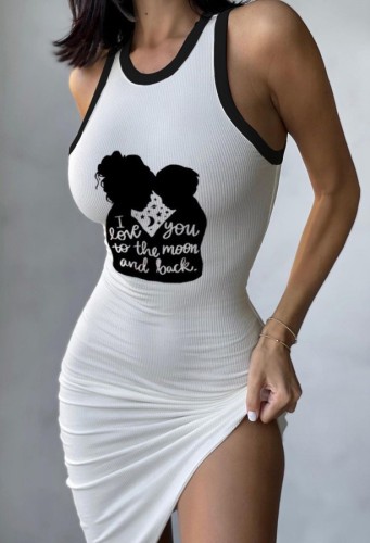 Sexy Ribbed Print White Asymmetric Sleeveless Tank Dress