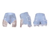 Stylish Light Blue Glitter Panel Denim Shorts