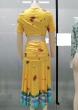 Floral Yellow Crop Top and Slit Long Skirt Set