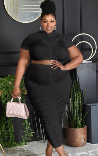 Plus Size Black Sexy Ruched Crop Top and Midi Skirt 2PCS Set
