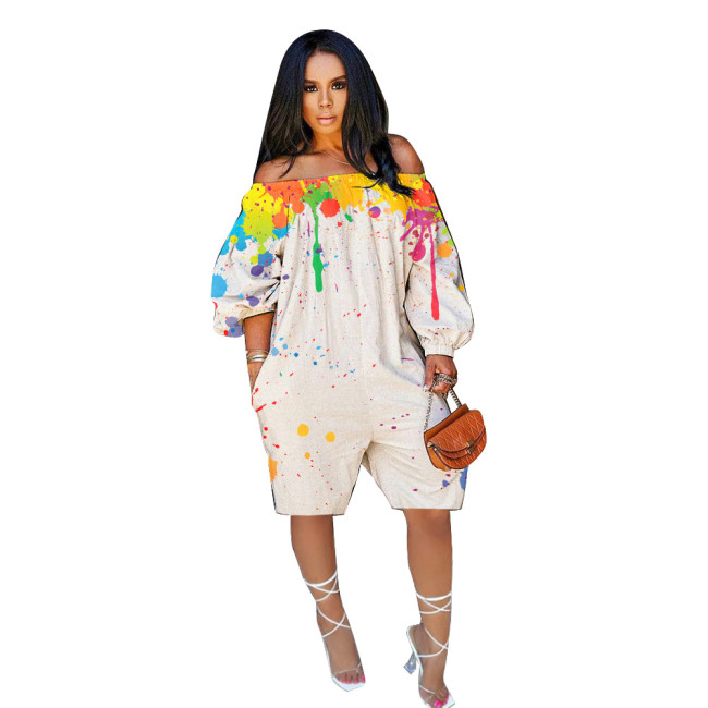 Off Shoulder Paints Print White Loose Rompers