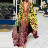 Print Leopard Colorful Slit V Neck Loose Maxi Dress
